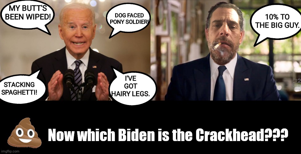 Which Biden is the Crackhead | DOG FACED PONY SOLDIER! MY BUTT'S BEEN WIPED! 10% TO THE BIG GUY. I'VE GOT HAIRY LEGS. STACKING SPAGHETTI! Now which Biden is the Crackhead??? | image tagged in hunter biden,black box | made w/ Imgflip meme maker