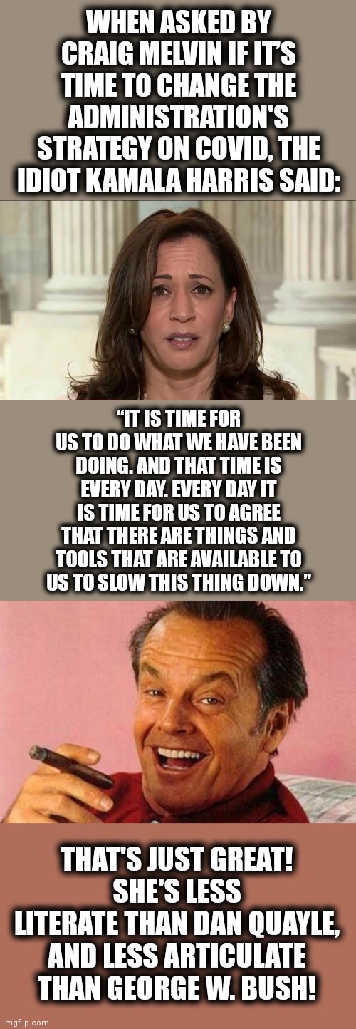 What an idiot! | WHEN ASKED BY CRAIG MELVIN IF IT’S TIME TO CHANGE THE ADMINISTRATION'S STRATEGY ON COVID, THE IDIOT KAMALA HARRIS SAID:; “IT IS TIME FOR US TO DO WHAT WE HAVE BEEN DOING. AND THAT TIME IS EVERY DAY. EVERY DAY IT IS TIME FOR US TO AGREE THAT THERE ARE THINGS AND TOOLS THAT ARE AVAILABLE TO
US TO SLOW THIS THING DOWN.”; THAT'S JUST GREAT!
SHE'S LESS LITERATE THAN DAN QUAYLE, AND LESS ARTICULATE THAN GEORGE W. BUSH! | image tagged in kamala harris,jack nicholson cigar laughing,covid-19,coronavirus,shut down the virus,joe biden | made w/ Imgflip meme maker