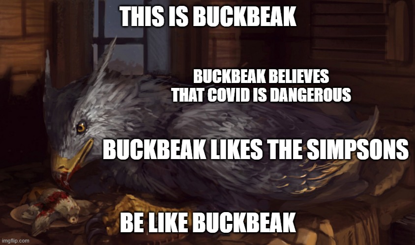 Buckbeak | THIS IS BUCKBEAK; BUCKBEAK BELIEVES THAT COVID IS DANGEROUS; BUCKBEAK LIKES THE SIMPSONS; BE LIKE BUCKBEAK | image tagged in buckbeak | made w/ Imgflip meme maker