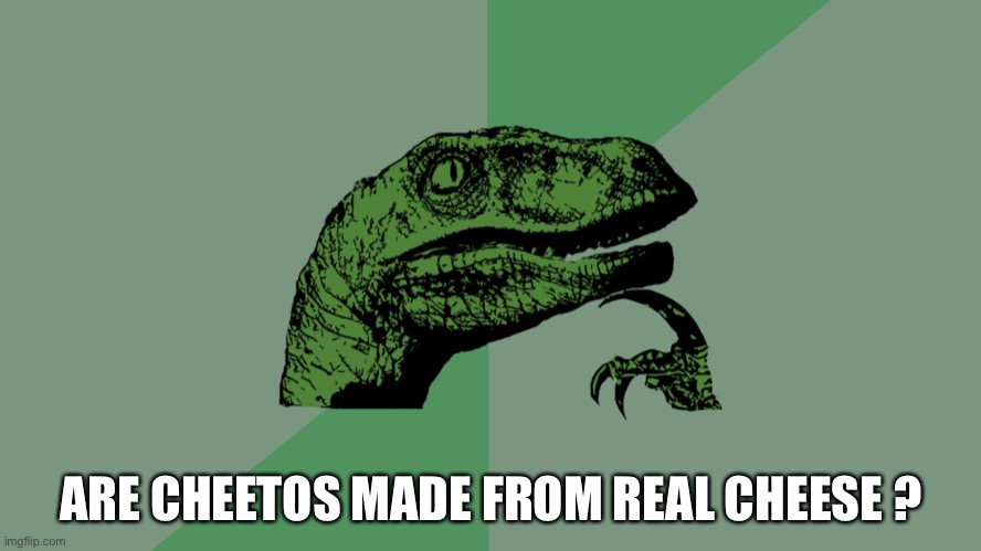 Philosophy Dinosaur | ARE CHEETOS MADE FROM REAL CHEESE ? | image tagged in philosophy dinosaur | made w/ Imgflip meme maker