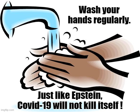 Epstein | Wash your hands regularly. Just like Epstein, Covid-19 will not kill itself ! | image tagged in washing hands | made w/ Imgflip meme maker
