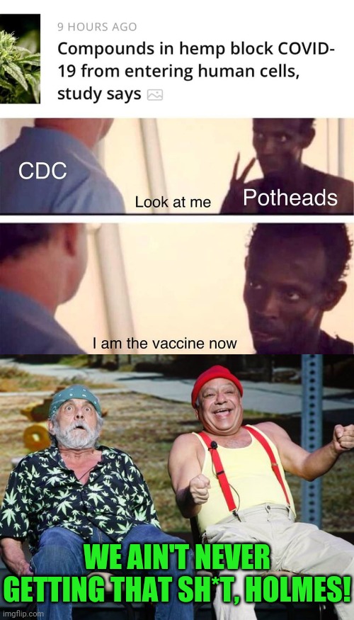 Up in Smoke | WE AIN'T NEVER GETTING THAT SH*T, HOLMES! | image tagged in cheech and chong,marijuana,covid-19,blocked,covid vaccine,unnecessary | made w/ Imgflip meme maker