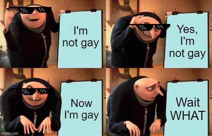 Say WHAAAAAAAAAA | I'm not gay; Yes, I'm not gay; Now I'm gay; Wait WHAT | image tagged in memes,gru's plan | made w/ Imgflip meme maker