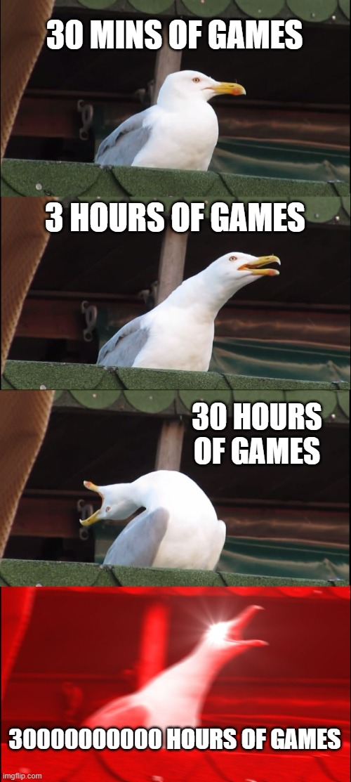When I get to play 300 hours of games... | 30 MINS OF GAMES; 3 HOURS OF GAMES; 30 HOURS OF GAMES; 30000000000 HOURS OF GAMES | image tagged in memes,inhaling seagull | made w/ Imgflip meme maker