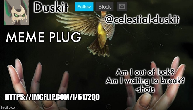 Duskit’s meme plug temp (imagine dragons) | HTTPS://IMGFLIP.COM/I/6172QO | image tagged in duskit s meme plug temp imagine dragons | made w/ Imgflip meme maker