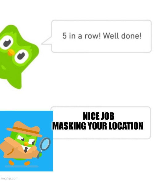 Duolingo 5 in a row | NICE JOB MASKING YOUR LOCATION | image tagged in duolingo 5 in a row | made w/ Imgflip meme maker