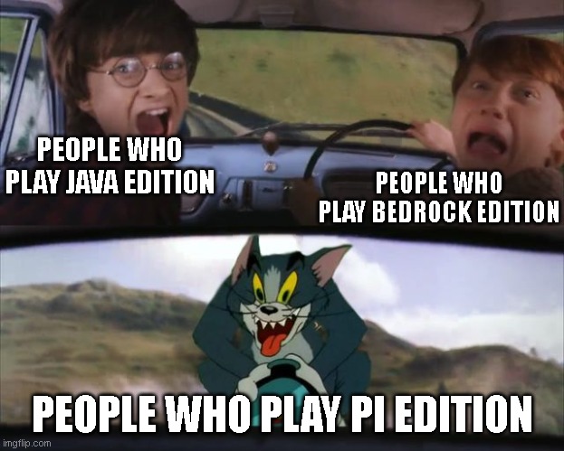 minecraft editions | PEOPLE WHO PLAY JAVA EDITION; PEOPLE WHO PLAY BEDROCK EDITION; PEOPLE WHO PLAY PI EDITION | image tagged in harry potter tom cat meme,minecraft,minecrafter,funny meme,memes | made w/ Imgflip meme maker