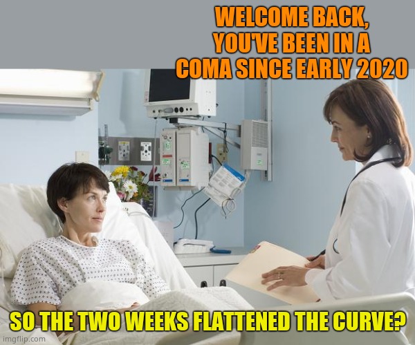 EVER FEEL LIKE YOU'VE BEEN DUPED? | WELCOME BACK, YOU'VE BEEN IN A COMA SINCE EARLY 2020; SO THE TWO WEEKS FLATTENED THE CURVE? | image tagged in coma,sheeple | made w/ Imgflip meme maker