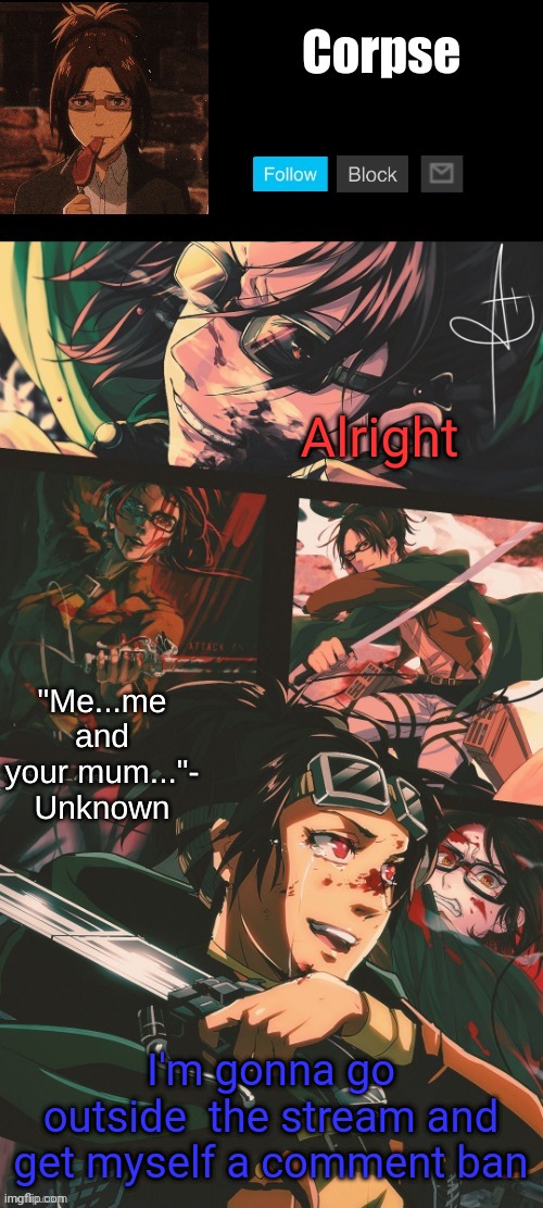 Cause the site mods never fail to ban me everytime I go outside the stream | Alright; I'm gonna go outside  the stream and get myself a comment ban | image tagged in hanji my beloved | made w/ Imgflip meme maker