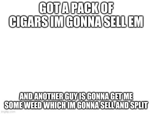 im gonna be a drug lord at 15 lol | GOT A PACK OF CIGARS IM GONNA SELL EM; AND ANOTHER GUY IS GONNA GET ME SOME WEED WHICH IM GONNA SELL AND SPLIT | image tagged in blank white template | made w/ Imgflip meme maker