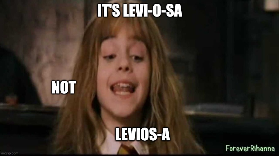 Its levi-o-sa not levios-a | IT'S LEVI-O-SA; NOT; LEVIOS-A | image tagged in hermione,harry potter,lmao,ron weasley | made w/ Imgflip meme maker