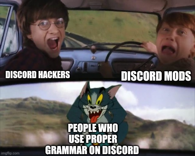 honestly who does this | DISCORD MODS; DISCORD HACKERS; PEOPLE WHO USE PROPER GRAMMAR ON DISCORD | image tagged in tom chasing harry and ron weasly | made w/ Imgflip meme maker