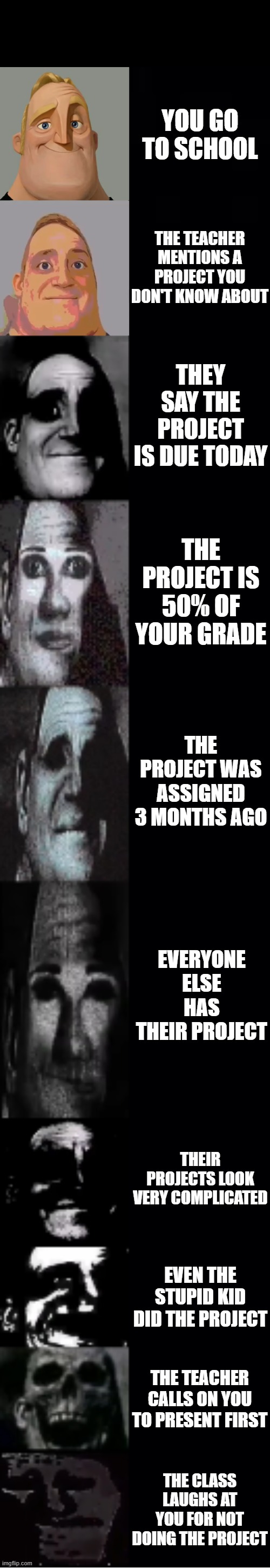 mr incredible becoming uncanny | YOU GO TO SCHOOL; THE TEACHER MENTIONS A PROJECT YOU DON'T KNOW ABOUT; THEY SAY THE PROJECT IS DUE TODAY; THE PROJECT IS 50% OF YOUR GRADE; THE PROJECT WAS ASSIGNED 3 MONTHS AGO; EVERYONE ELSE HAS THEIR PROJECT; THEIR PROJECTS LOOK VERY COMPLICATED; EVEN THE STUPID KID DID THE PROJECT; THE TEACHER CALLS ON YOU TO PRESENT FIRST; THE CLASS LAUGHS AT YOU FOR NOT DOING THE PROJECT | image tagged in mr incredible becoming uncanny | made w/ Imgflip meme maker