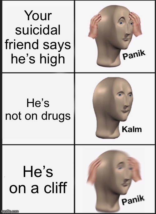 NO JOHNNY NO! | Your suicidal friend says he’s high; He’s not on drugs; He’s on a cliff | image tagged in memes,panik kalm panik,funny | made w/ Imgflip meme maker