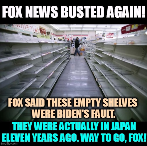 Just stupid Republican propaganda, not journalism at all. | FOX NEWS BUSTED AGAIN! FOX SAID THESE EMPTY SHELVES 
WERE BIDEN'S FAULT. THEY WERE ACTUALLY IN JAPAN ELEVEN YEARS AGO. WAY TO GO, FOX! | image tagged in fox news,lies,propaganda,republican,noise | made w/ Imgflip meme maker