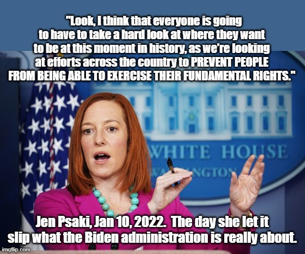 She let it slip out. | "Look, I think that everyone is going to have to take a hard look at where they want to be at this moment in history, as we’re looking at efforts across the country to PREVENT PEOPLE FROM BEING ABLE TO EXERCISE THEIR FUNDAMENTAL RIGHTS."; Jen Psaki, Jan 10, 2022.  The day she let it slip what the Biden administration is really about. | image tagged in i'll have to circle back | made w/ Imgflip meme maker