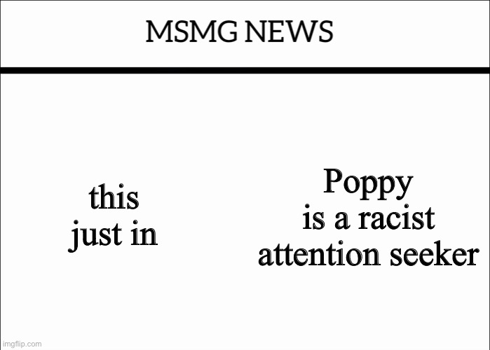 another thing to put in the MSMG iceberg | this just in; Poppy is a racist attention seeker | image tagged in msmg news | made w/ Imgflip meme maker