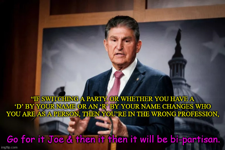 Bi-partisan Joe Manchin | “IF SWITCHING A PARTY, OR WHETHER YOU HAVE A ‘D’ BY YOUR NAME OR AN ‘R’ BY YOUR NAME CHANGES WHO YOU ARE AS A PERSON, THEN YOU’RE IN THE WRONG PROFESSION, Go for it Joe & then it then it will be bi-partisan. | image tagged in dino,senators,rules,gop | made w/ Imgflip meme maker