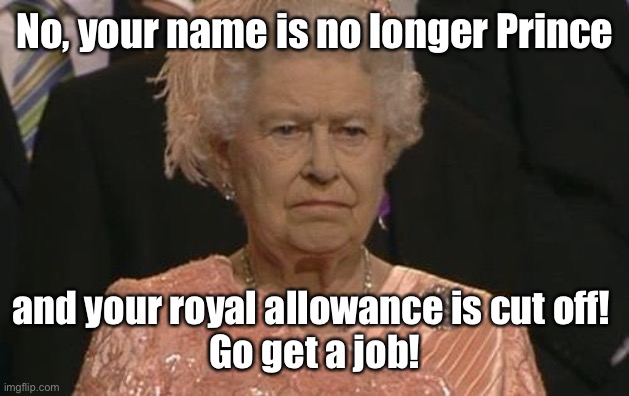 Queen Elizabeth London Olympics Not Amused | No, your name is no longer Prince and your royal allowance is cut off! 
Go get a job! | image tagged in queen elizabeth london olympics not amused | made w/ Imgflip meme maker