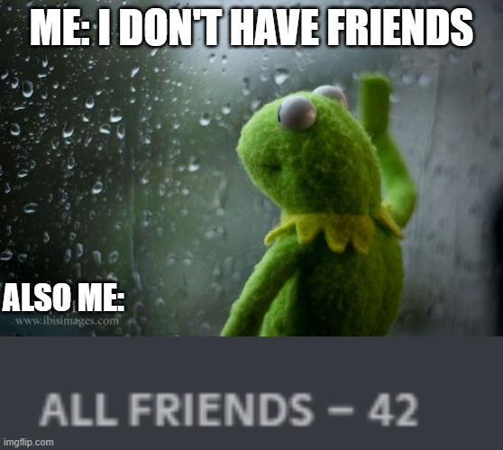 bruh | ME: I DON'T HAVE FRIENDS; ALSO ME: | image tagged in kermit window | made w/ Imgflip meme maker