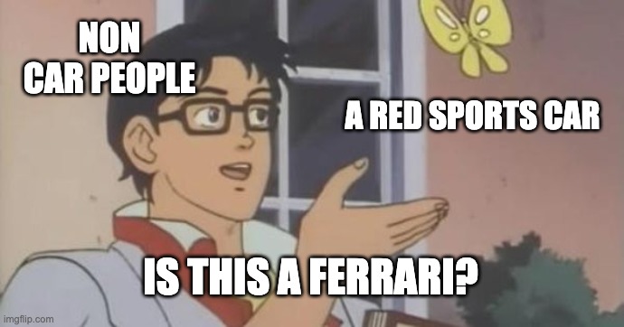 Honda nsx crying | NON CAR PEOPLE; A RED SPORTS CAR; IS THIS A FERRARI? | image tagged in is this a pigeon,cars,funny | made w/ Imgflip meme maker