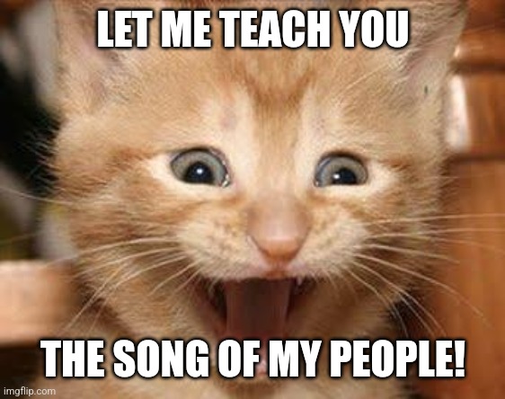 Kitten cat song of my people | LET ME TEACH YOU; THE SONG OF MY PEOPLE! | image tagged in memes,excited cat | made w/ Imgflip meme maker