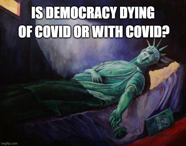 death of democracy | IS DEMOCRACY DYING; OF COVID OR WITH COVID? | image tagged in covid-19 | made w/ Imgflip meme maker