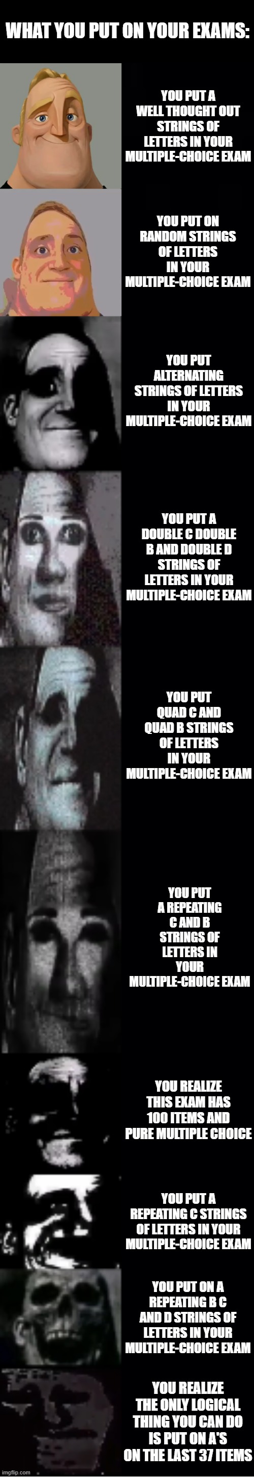 Exams | WHAT YOU PUT ON YOUR EXAMS:; YOU PUT A WELL THOUGHT OUT STRINGS OF LETTERS IN YOUR MULTIPLE-CHOICE EXAM; YOU PUT ON RANDOM STRINGS OF LETTERS IN YOUR MULTIPLE-CHOICE EXAM; YOU PUT ALTERNATING STRINGS OF LETTERS IN YOUR MULTIPLE-CHOICE EXAM; YOU PUT A DOUBLE C DOUBLE B AND DOUBLE D STRINGS OF LETTERS IN YOUR MULTIPLE-CHOICE EXAM; YOU PUT QUAD C AND QUAD B STRINGS OF LETTERS IN YOUR MULTIPLE-CHOICE EXAM; YOU PUT A REPEATING C AND B STRINGS OF LETTERS IN YOUR MULTIPLE-CHOICE EXAM; YOU REALIZE THIS EXAM HAS 100 ITEMS AND PURE MULTIPLE CHOICE; YOU PUT A REPEATING C STRINGS OF LETTERS IN YOUR MULTIPLE-CHOICE EXAM; YOU PUT ON A REPEATING B C AND D STRINGS OF LETTERS IN YOUR MULTIPLE-CHOICE EXAM; YOU REALIZE THE ONLY LOGICAL THING YOU CAN DO IS PUT ON A'S ON THE LAST 37 ITEMS | image tagged in mr incredible becoming uncanny | made w/ Imgflip meme maker