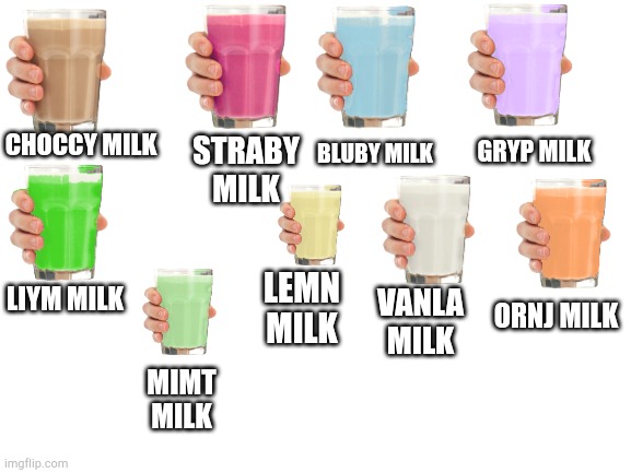 Types Of Milk | GRYP MILK; BLUBY MILK; CHOCCY MILK; STRABY MILK; LIYM MILK; LEMN MILK; ORNJ MILK; VANLA MILK; MIMT MILK | image tagged in blank white template | made w/ Imgflip meme maker