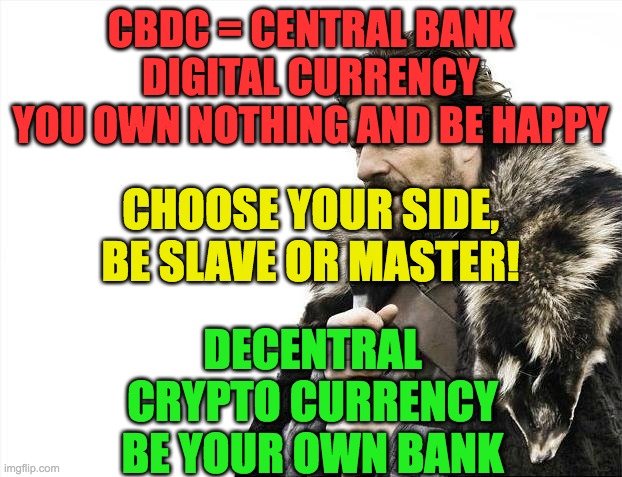 Brace Yourselves X is Coming Meme | CBDC = CENTRAL BANK DIGITAL CURRENCY
YOU OWN NOTHING AND BE HAPPY; CHOOSE YOUR SIDE, BE SLAVE OR MASTER! DECENTRAL CRYPTO CURRENCY
BE YOUR OWN BANK | image tagged in memes,brace yourselves x is coming | made w/ Imgflip meme maker