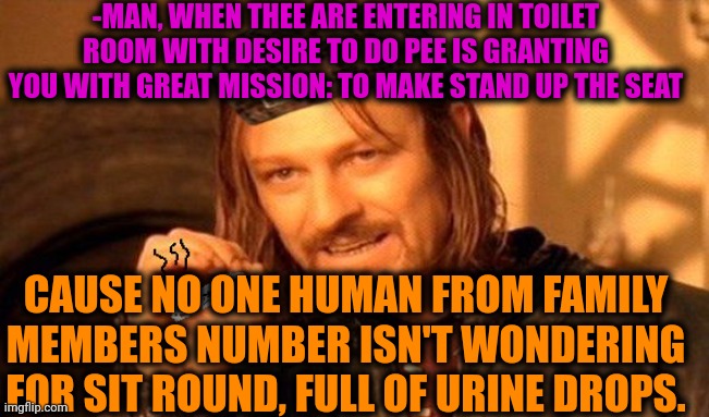 -Great task. | -MAN, WHEN THEE ARE ENTERING IN TOILET ROOM WITH DESIRE TO DO PEE IS GRANTING YOU WITH GREAT MISSION: TO MAKE STAND UP THE SEAT; CAUSE NO ONE HUMAN FROM FAMILY MEMBERS NUMBER ISN'T WONDERING FOR SIT ROUND, FULL OF URINE DROPS. | image tagged in one does not simply 420 blaze it,urine,____ rate drops to 0,toilet humor,family life,mission failed | made w/ Imgflip meme maker