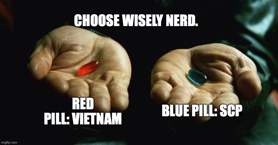 dead meme. | CHOOSE WISELY NERD. RED PILL: VIETNAM; BLUE PILL: SCP | image tagged in red pill blue pill | made w/ Imgflip meme maker