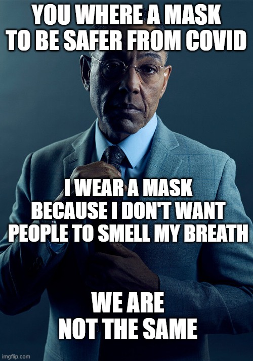 free laurel | YOU WHERE A MASK TO BE SAFER FROM COVID; I WEAR A MASK BECAUSE I DON'T WANT PEOPLE TO SMELL MY BREATH; WE ARE NOT THE SAME | image tagged in gus fring we are not the same | made w/ Imgflip meme maker