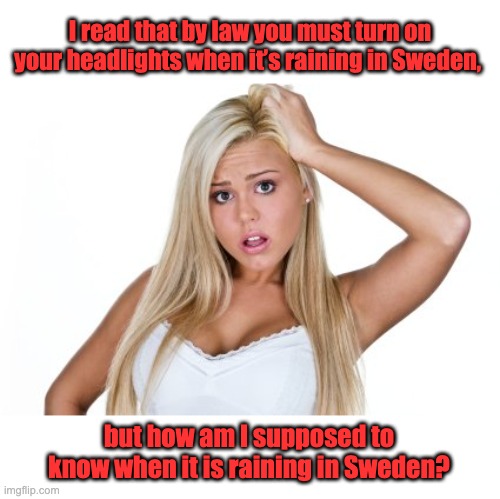 It's the law | I read that by law you must turn on your headlights when it’s raining in Sweden, but how am I supposed to know when it is raining in Sweden? | image tagged in dumb blonde | made w/ Imgflip meme maker