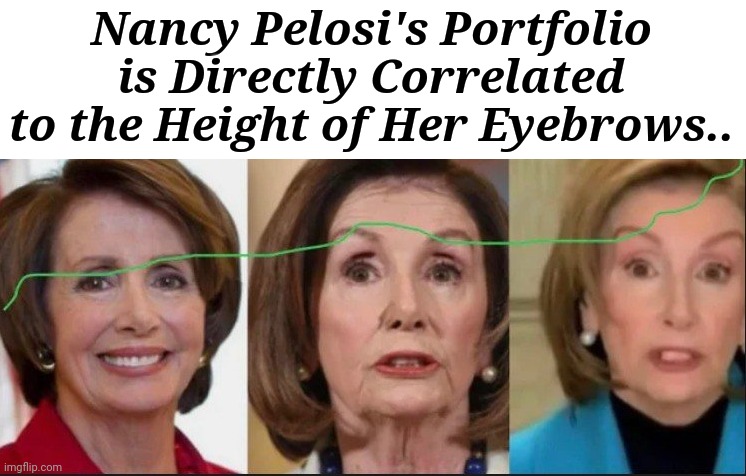 Nancy Pelosi Portfolio is Directly Correlated to the Height of Her Eyebrows.. |  Nancy Pelosi's Portfolio is Directly Correlated to the Height of Her Eyebrows.. | image tagged in nancy pelosi is crazy,face swap,eyebrows,inside,trading | made w/ Imgflip meme maker