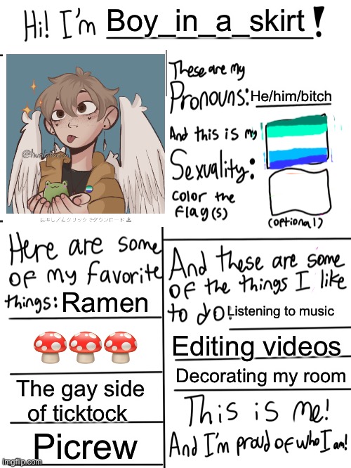 Lgbtq stream account profile | Boy_in_a_skirt; He/him/bitch; Ramen; Listening to music; 🍄🍄🍄; Editing videos; Decorating my room; The gay side of ticktock; Picrew | image tagged in lgbtq stream account profile | made w/ Imgflip meme maker