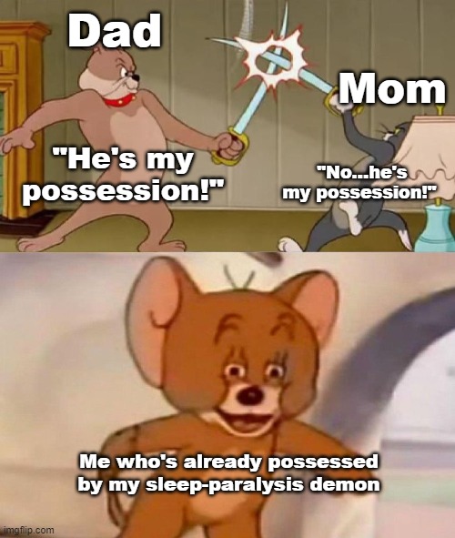 I love my demons :) | Dad; Mom; "He's my possession!"; "No...he's my possession!"; Me who's already possessed by my sleep-paralysis demon | image tagged in tom and jerry swordfight,divorce,possession,demon | made w/ Imgflip meme maker