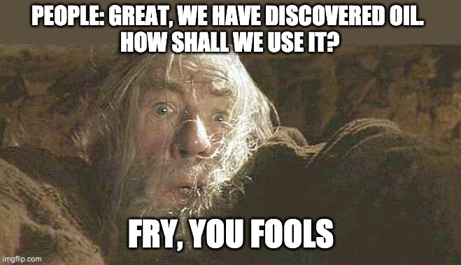 Gandalf Fly You Fools | PEOPLE: GREAT, WE HAVE DISCOVERED OIL. 
HOW SHALL WE USE IT? FRY, YOU FOOLS | image tagged in gandalf fly you fools,oil,memes | made w/ Imgflip meme maker