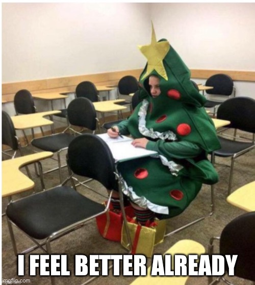 Christmas tree school | I FEEL BETTER ALREADY | image tagged in christmas tree school | made w/ Imgflip meme maker