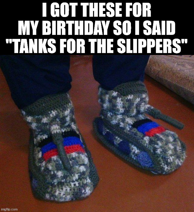I GOT THESE FOR MY BIRTHDAY SO I SAID "TANKS FOR THE SLIPPERS" | image tagged in eye roll | made w/ Imgflip meme maker