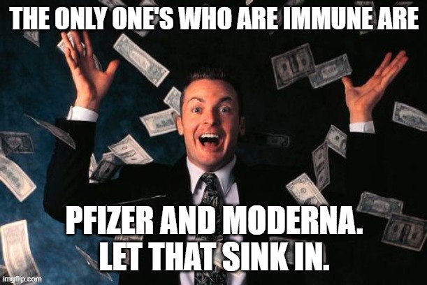 Money Man Meme | THE ONLY ONE'S WHO ARE IMMUNE ARE PFIZER AND MODERNA.
LET THAT SINK IN. | image tagged in memes,money man | made w/ Imgflip meme maker