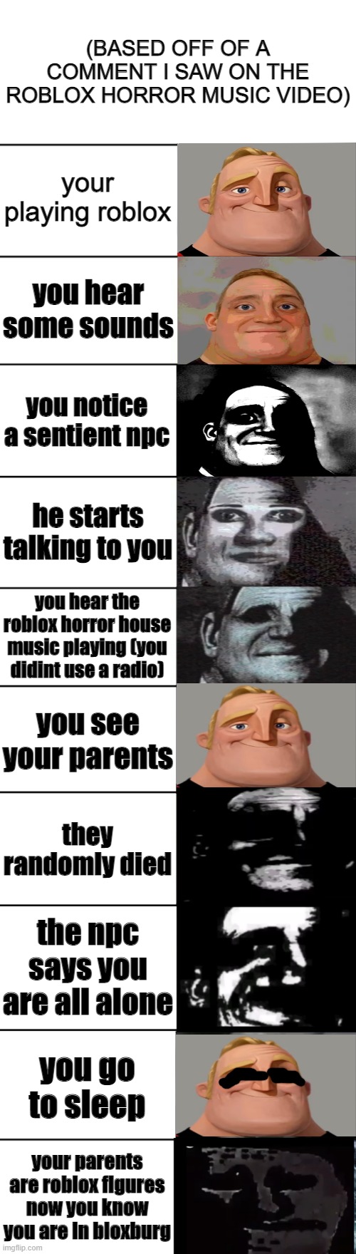 Mr. Incredible becoming uncanny | (BASED OFF OF A COMMENT I SAW ON THE ROBLOX HORROR MUSIC VIDEO); your playing roblox; you hear some sounds; you notice a sentient npc; he starts talking to you; you hear the roblox horror house music playing (you didint use a radio); you see your parents; they randomly died; the npc says you are all alone; you go to sleep; your parents are roblox figures now you know you are in bloxburg | image tagged in mr incredible becoming uncanny | made w/ Imgflip meme maker