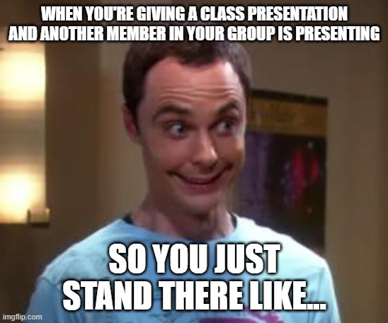 Sheldon Cooper smile | WHEN YOU'RE GIVING A CLASS PRESENTATION AND ANOTHER MEMBER IN YOUR GROUP IS PRESENTING; SO YOU JUST STAND THERE LIKE... | image tagged in sheldon cooper smile,school,presentation | made w/ Imgflip meme maker