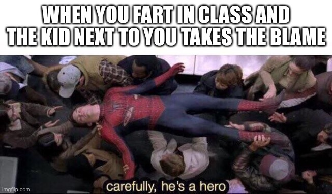 Carefully he's a hero | WHEN YOU FART IN CLASS AND THE KID NEXT TO YOU TAKES THE BLAME | image tagged in carefully he's a hero | made w/ Imgflip meme maker
