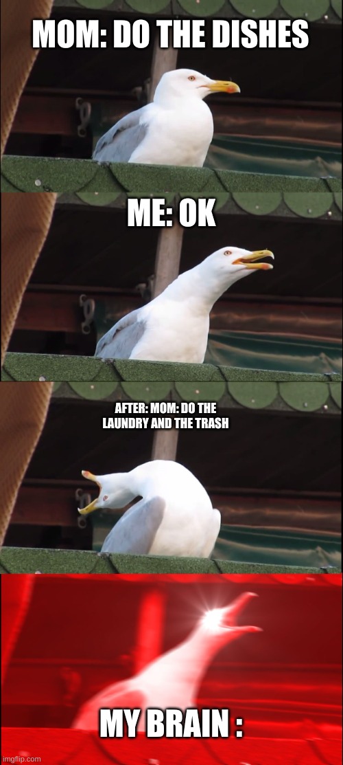 chores | MOM: DO THE DISHES; ME: OK; AFTER: MOM: DO THE LAUNDRY AND THE TRASH; MY BRAIN : | image tagged in memes,inhaling seagull | made w/ Imgflip meme maker