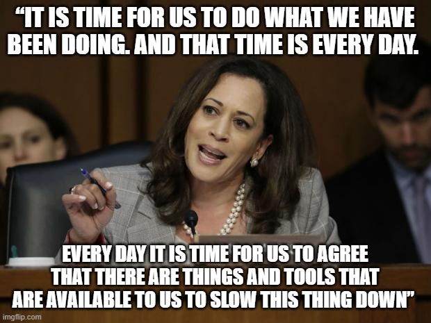 She actually said this - 1.13.22 | “IT IS TIME FOR US TO DO WHAT WE HAVE BEEN DOING. AND THAT TIME IS EVERY DAY. EVERY DAY IT IS TIME FOR US TO AGREE THAT THERE ARE THINGS AND TOOLS THAT ARE AVAILABLE TO US TO SLOW THIS THING DOWN” | image tagged in kamala harris,kamala,vice president | made w/ Imgflip meme maker