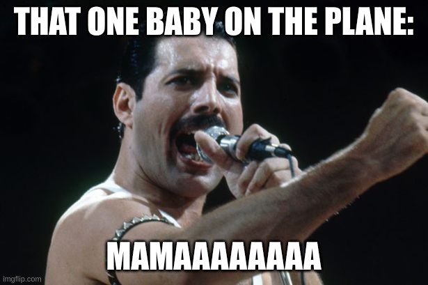 Freddie Mercury | THAT ONE BABY ON THE PLANE:; MAMAAAAAAAA | image tagged in freddie mercury | made w/ Imgflip meme maker