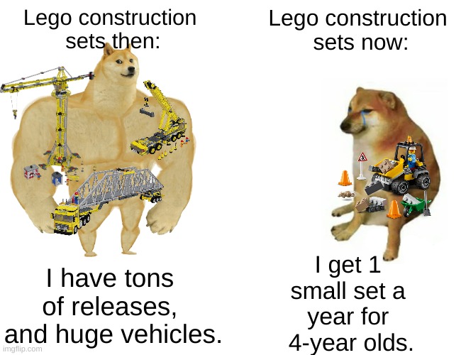 Lego Construction | Lego construction 
sets then:; Lego construction 
sets now:; I get 1 
small set a 
year for 
4-year olds. I have tons 
of releases, 
and huge vehicles. | image tagged in memes,buff doge vs cheems | made w/ Imgflip meme maker