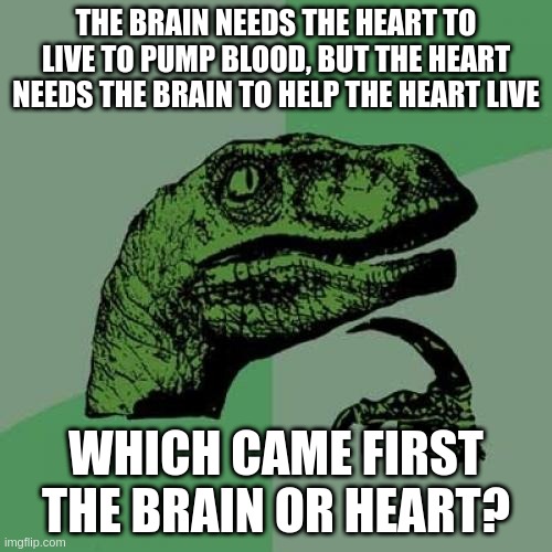 just like chicken or the egg but its Brain or the Heart.. | THE BRAIN NEEDS THE HEART TO LIVE TO PUMP BLOOD, BUT THE HEART NEEDS THE BRAIN TO HELP THE HEART LIVE; WHICH CAME FIRST THE BRAIN OR HEART? | image tagged in memes,philosoraptor,chicken and the egg,brain,heart,funny | made w/ Imgflip meme maker