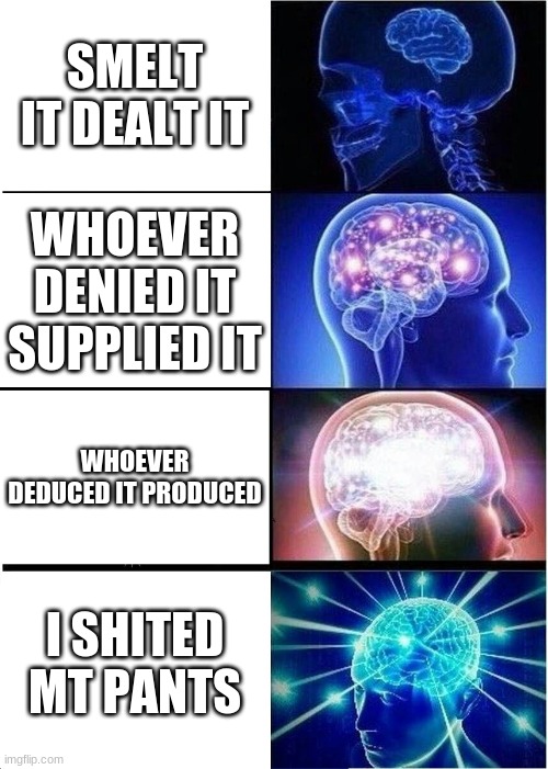 Expanding Brain | SMELT IT DEALT IT; WHOEVER DENIED IT SUPPLIED IT; WHOEVER DEDUCED IT PRODUCED; I SHITED MT PANTS | image tagged in memes,expanding brain | made w/ Imgflip meme maker